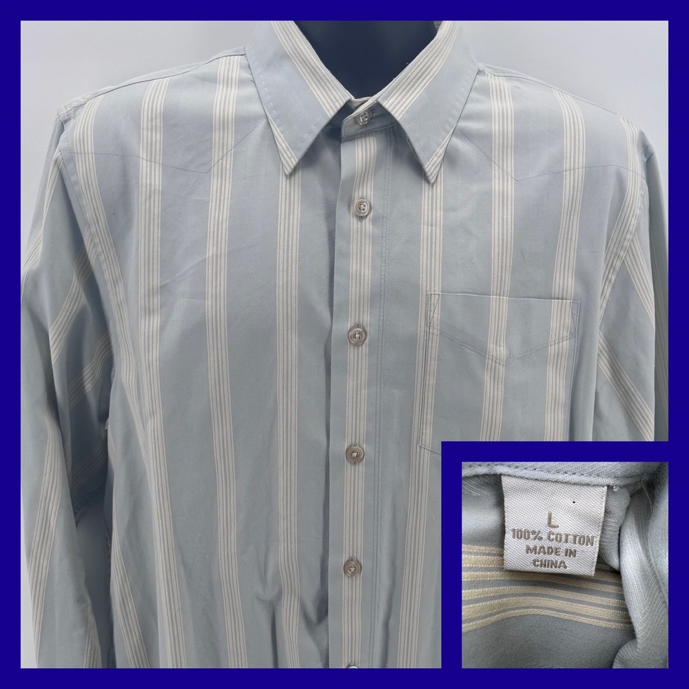 Tommy Bahama DENIM Men Large Button Down Shirt Cotton Striped Blue L Long Sleeve